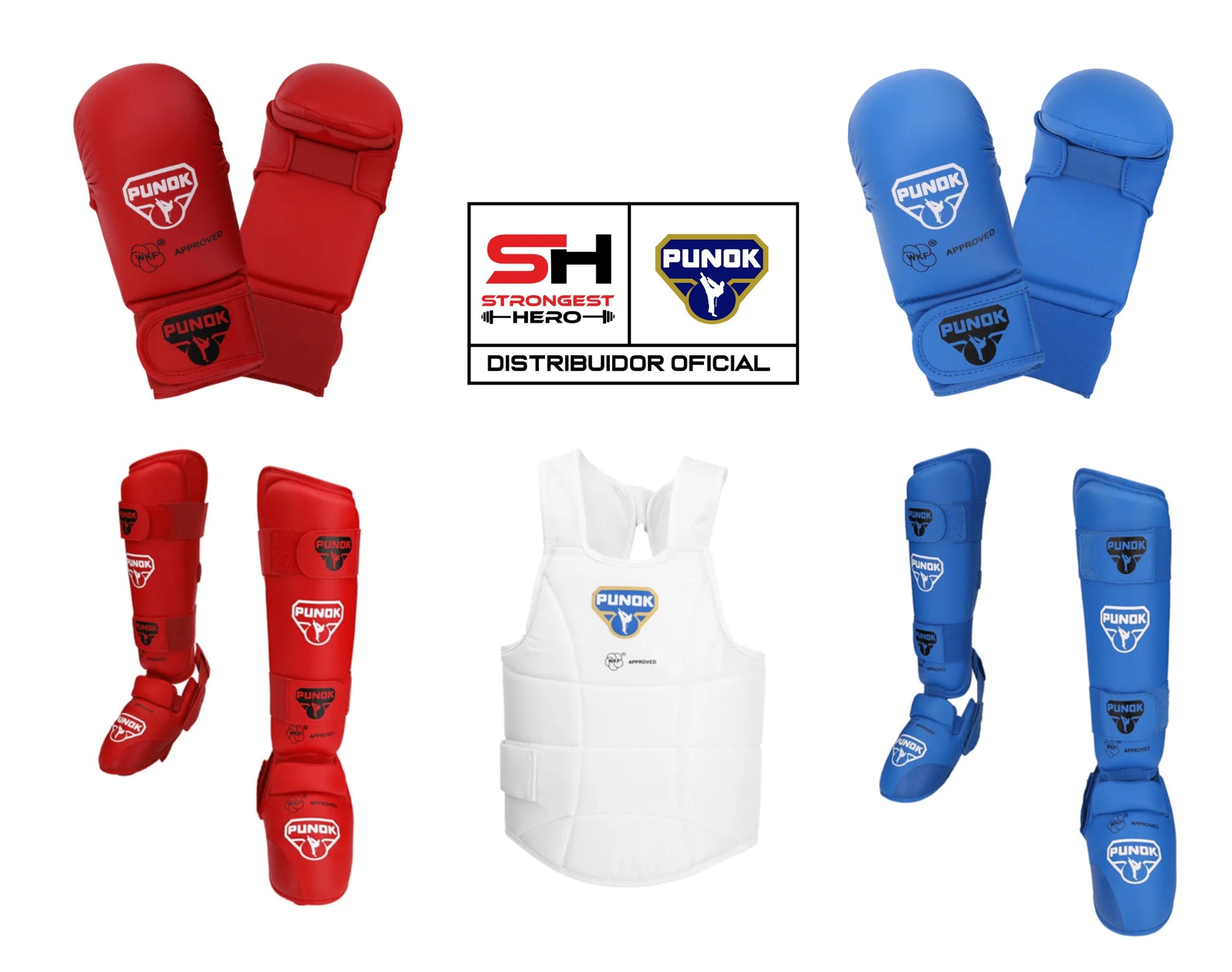 Pack Guantillas + Espinilleras PUNOK color azul y rojo + Peto