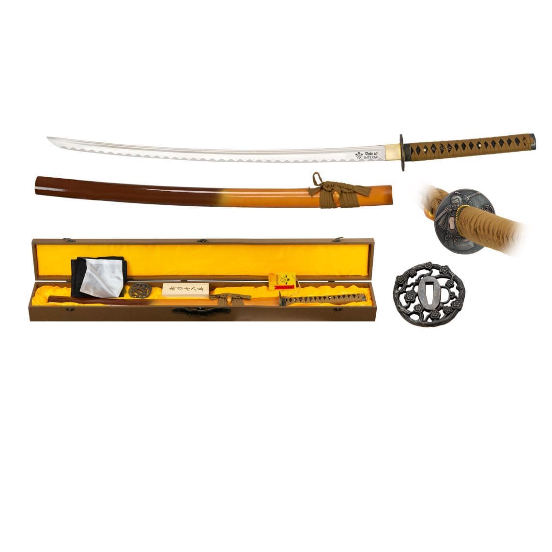 Katana Marrón lacada Asano con funda, caja, 2 tsubas y kit de limpieza