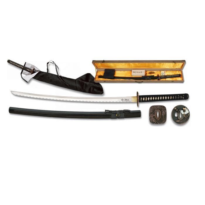 Katana negra Asano con funda, caja, 2 tsubas y kit de limpieza